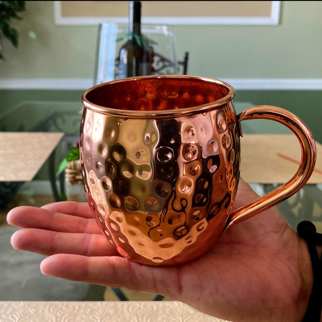 SciencePurchase Set of 4 Pure Copper Moscow Mule Mugs Gift Set with 4 Copper Cocktail Straws and 2 Shot Glasses, Each Hammered Mug Holds 18 Ounces