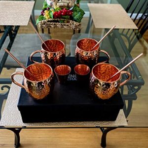 SciencePurchase Set of 4 Pure Copper Moscow Mule Mugs Gift Set with 4 Copper Cocktail Straws and 2 Shot Glasses, Each Hammered Mug Holds 18 Ounces