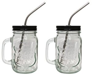 ( 2 pack ) - mason jar mugs with handle, stainless steel straw, & metal lids 16 oz. (480ml) | mason jar drinking glasses | reusable boba bubble tea & smoothie cups | tumbler for bubble tea, smoothie