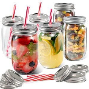 masthome regular mouth mason jars 16oz, drinking glasses with 6 extra lids & 6 reusable straws, glass storage jars for canning, preserving – set of 6