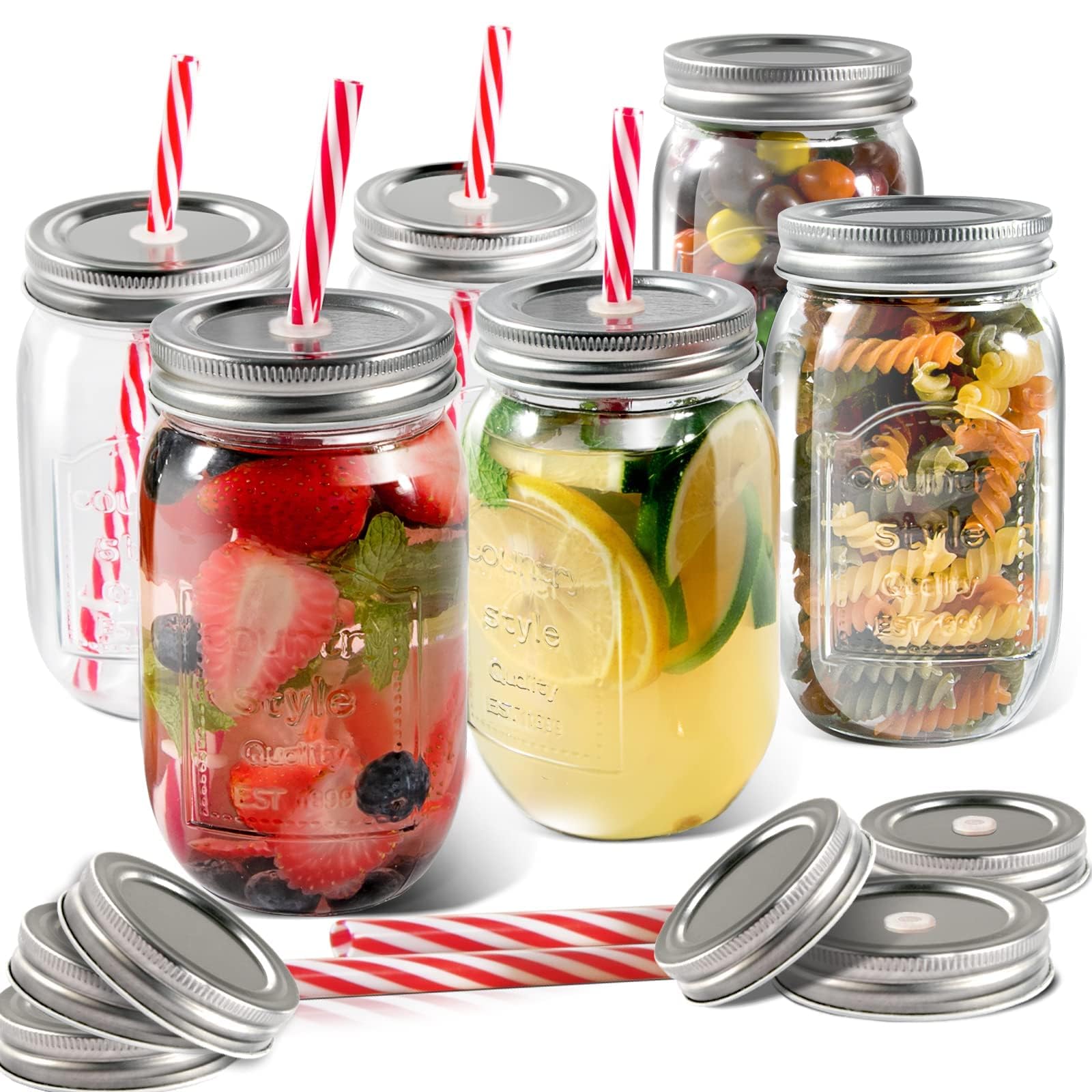 Masthome Regular Mouth Mason Jars 16oz, Drinking Glasses with 6 Extra Lids & 6 Reusable Straws, Glass Storage Jars for Canning, Preserving – Set of 6