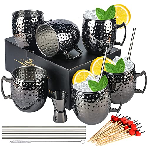 LINALL Moscow Mule Mugs- Set of 6 Gunmetal Black Plated 18oz Stainless Steel Mug Double Jigger Chilled Drink Cocktail Mug (6pcs)