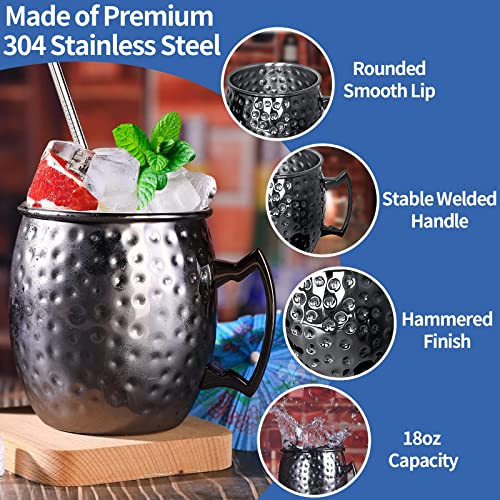 LINALL Moscow Mule Mugs- Set of 6 Gunmetal Black Plated 18oz Stainless Steel Mug Double Jigger Chilled Drink Cocktail Mug (6pcs)