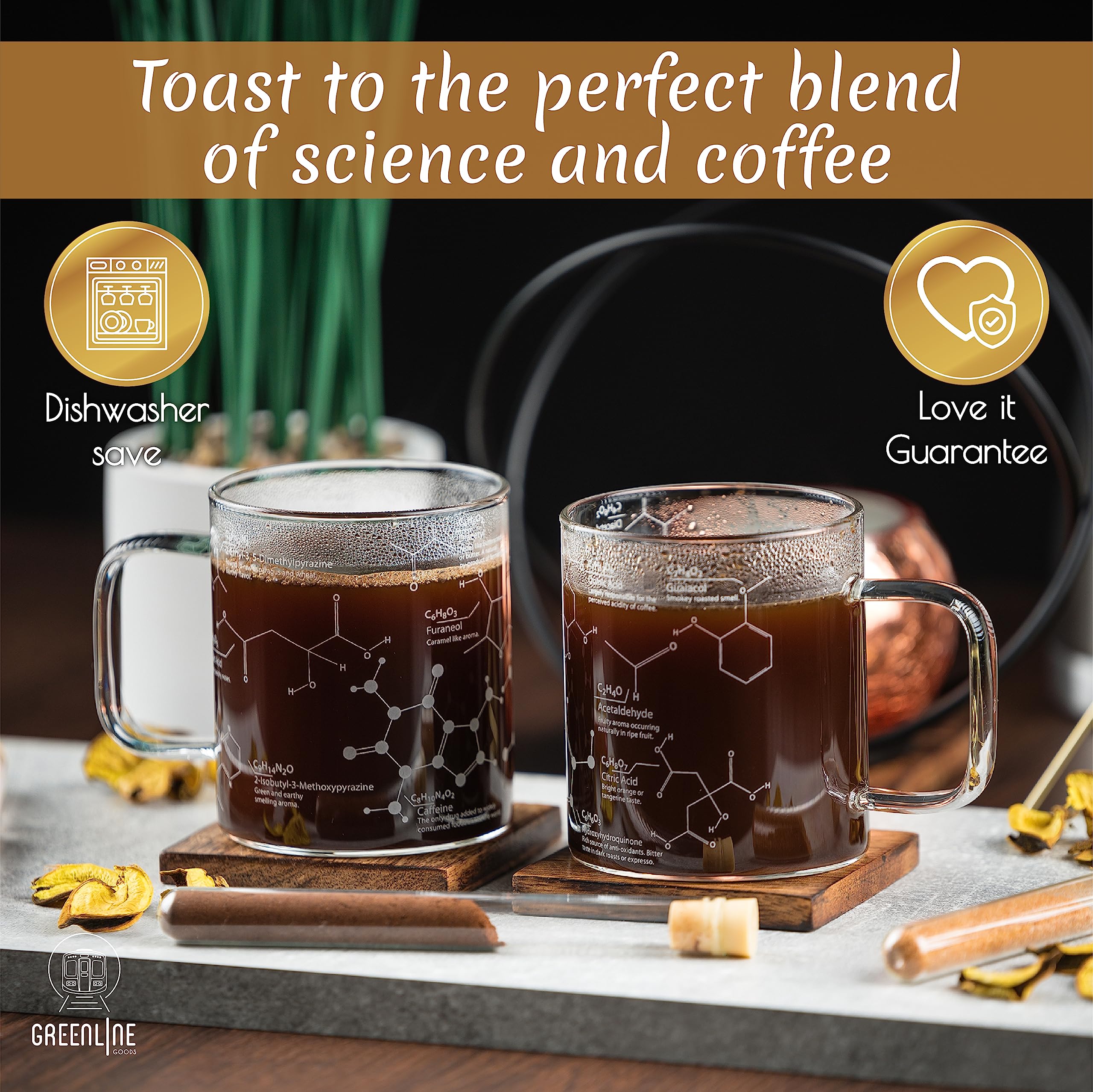 Greenline Goods Glass Coffee Mug - 16 oz Tumbler Science of Coffee Glass (Set of 2) - Etched with Coffee Chemistry Molecules