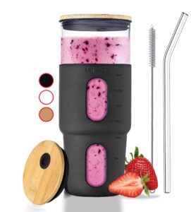 32oz glass tumbler with straw & bamboo lid with silicone sleeve, reusable boba smoothie cup iced coffee tumbler, fits cup holder, glass water bottle, bpa free, beer mug & stein black