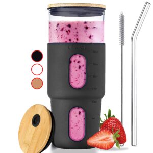 32oz Glass Tumbler with Straw & Bamboo Lid with Silicone Sleeve, Reusable Boba Smoothie Cup Iced Coffee Tumbler, Fits Cup Holder, Glass Water Bottle, BPA Free, Beer Mug & Stein Black