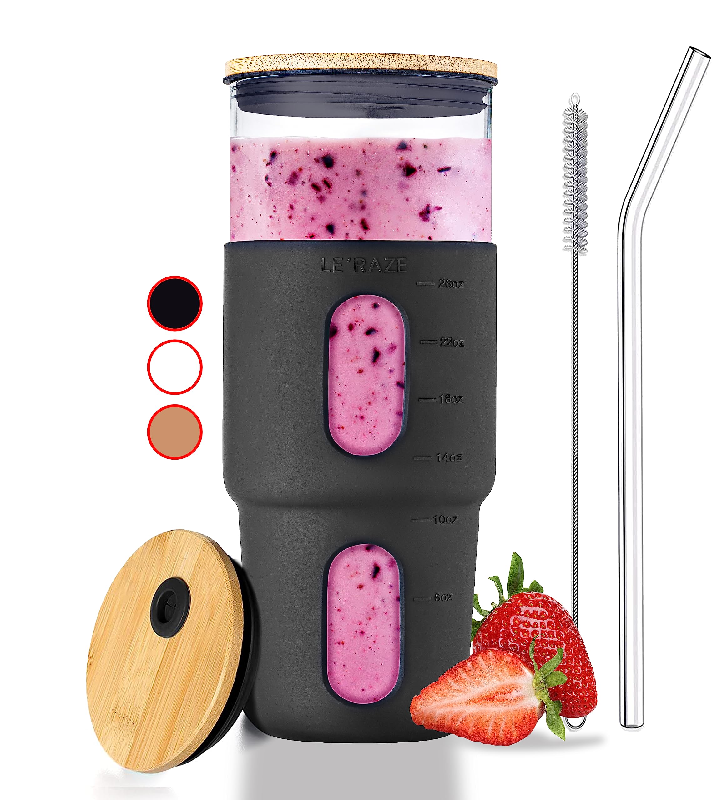 32oz Glass Tumbler with Straw & Bamboo Lid with Silicone Sleeve, Reusable Boba Smoothie Cup Iced Coffee Tumbler, Fits Cup Holder, Glass Water Bottle, BPA Free, Beer Mug & Stein Black