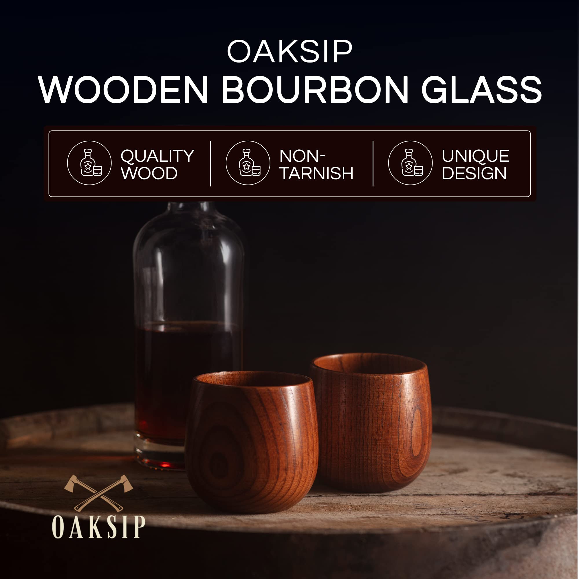 Oaksip The Original Wooden Bourbon Drinking Glass Bourbon Gifts for Men | Finished Wooden Old Fashioned Glass | Great Whiskey Gifts for Men, Dad, or Brother (2 Pack)