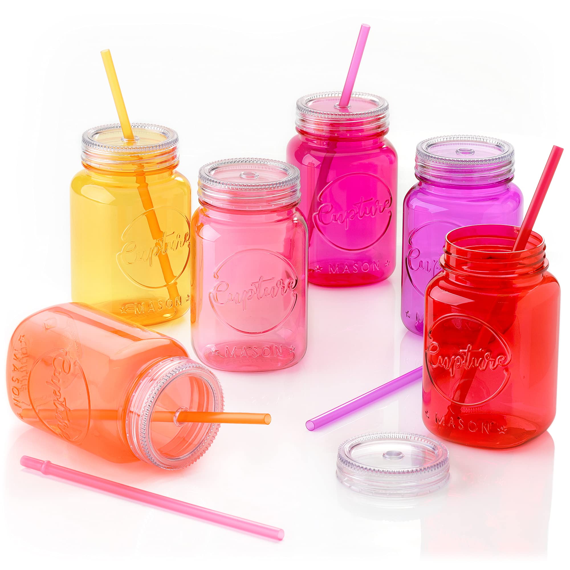 Cupture Acrylic Mason Jar Tumbler Mugs with Lids & Straws - 20 oz, 6 Pack (Warm Blossom)