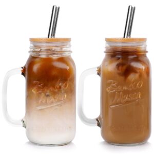 anotion mason jar with lid and straw, 24oz regular mouth mason jars with handle drinking glasses tumbler reusable cups smoothie water bottles for iced coffee (classic 2 cups style)