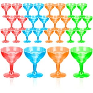 decorrack 24 neon margarita glasses, plastic party champagne cups, perfect for outdoor parties, weddings, picnics, stackable stemmed, reusable, shatterproof disposable wine glasses (pack of 24)