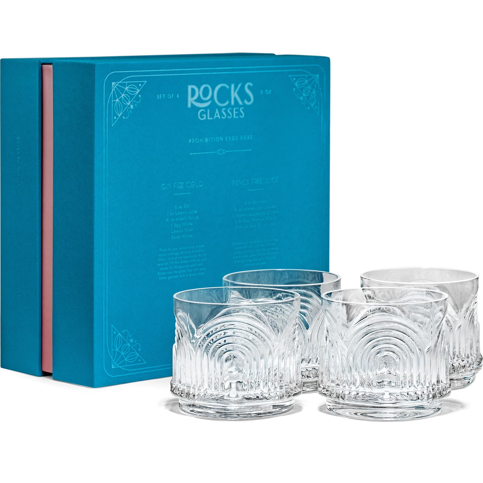 GLASSIQUE CADEAU Vintage Art Deco 1920s Lowball Cocktail Glasses | Set of 4 | 9 oz Crystal Old Fashioned Glassware for Drinking Classic Bar Drinks | Heavy Base Short Rocks Tumblers for Women