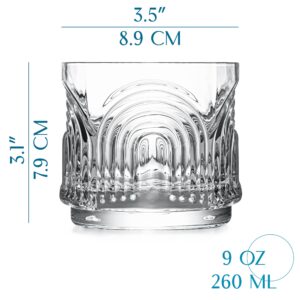 GLASSIQUE CADEAU Vintage Art Deco 1920s Lowball Cocktail Glasses | Set of 4 | 9 oz Crystal Old Fashioned Glassware for Drinking Classic Bar Drinks | Heavy Base Short Rocks Tumblers for Women