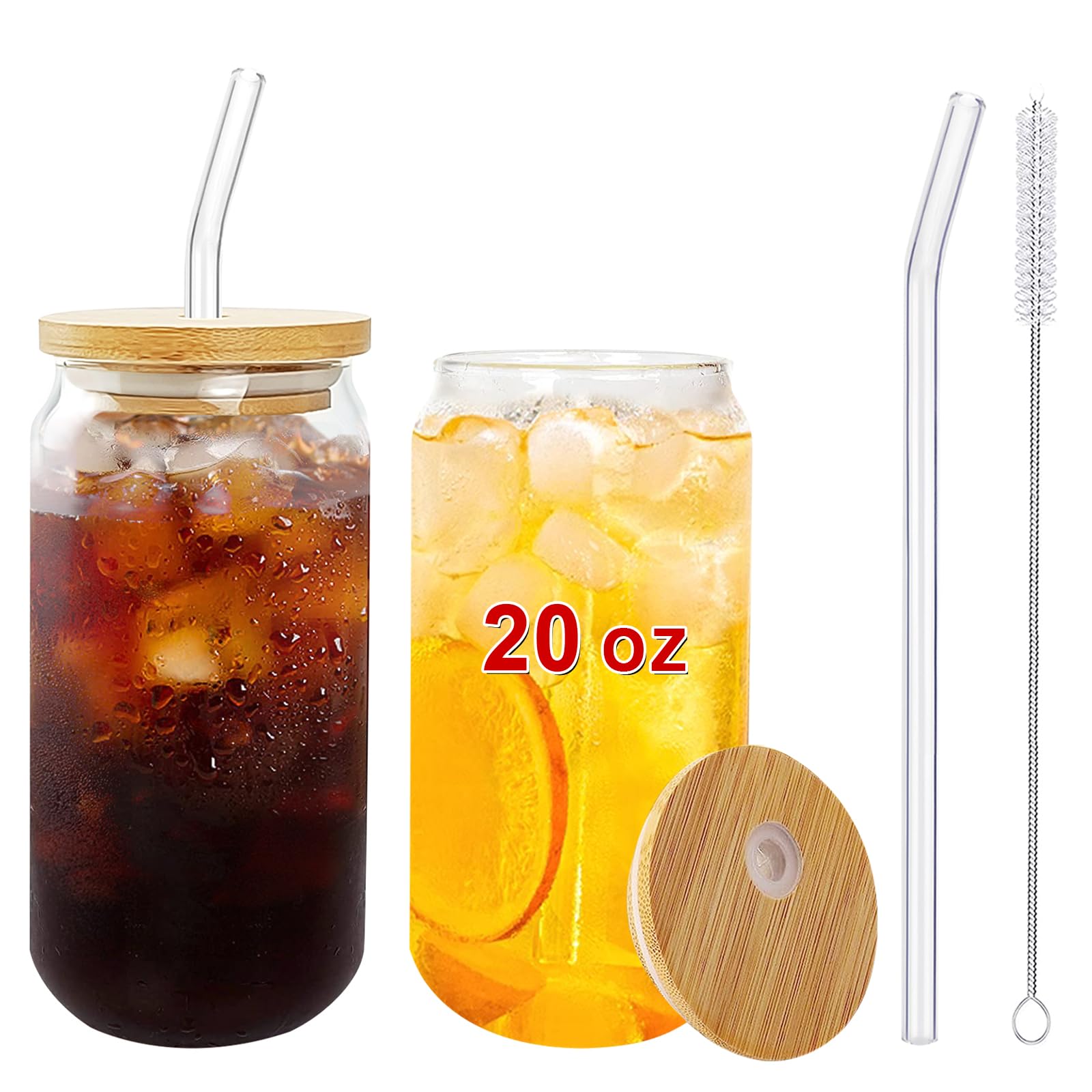 RTUDOPUYT 2 PC Glass Cups with Lids and Straws, 20 OZ Drinking Glasses Cup, Glass Iced Coffee Cup For Soda, Tea, Whiskey, Water, Gift