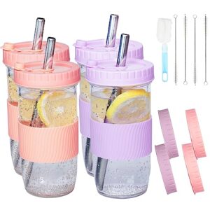 zrlljp reusable boba cup bubble tea cup 4 pack, 24oz wide mouth smoothie cups with lid,silicone sleeve & angled wide straws, leakproof glass mason jars drinking boba cup travel tumbler for large pearl
