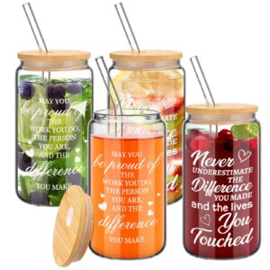 jinei 4 pcs 16 oz employee appreciation gifts for coworkers bulk inspirational gifts glass cups with bamboo lids and straws set you're awesome thank you gifts for women men