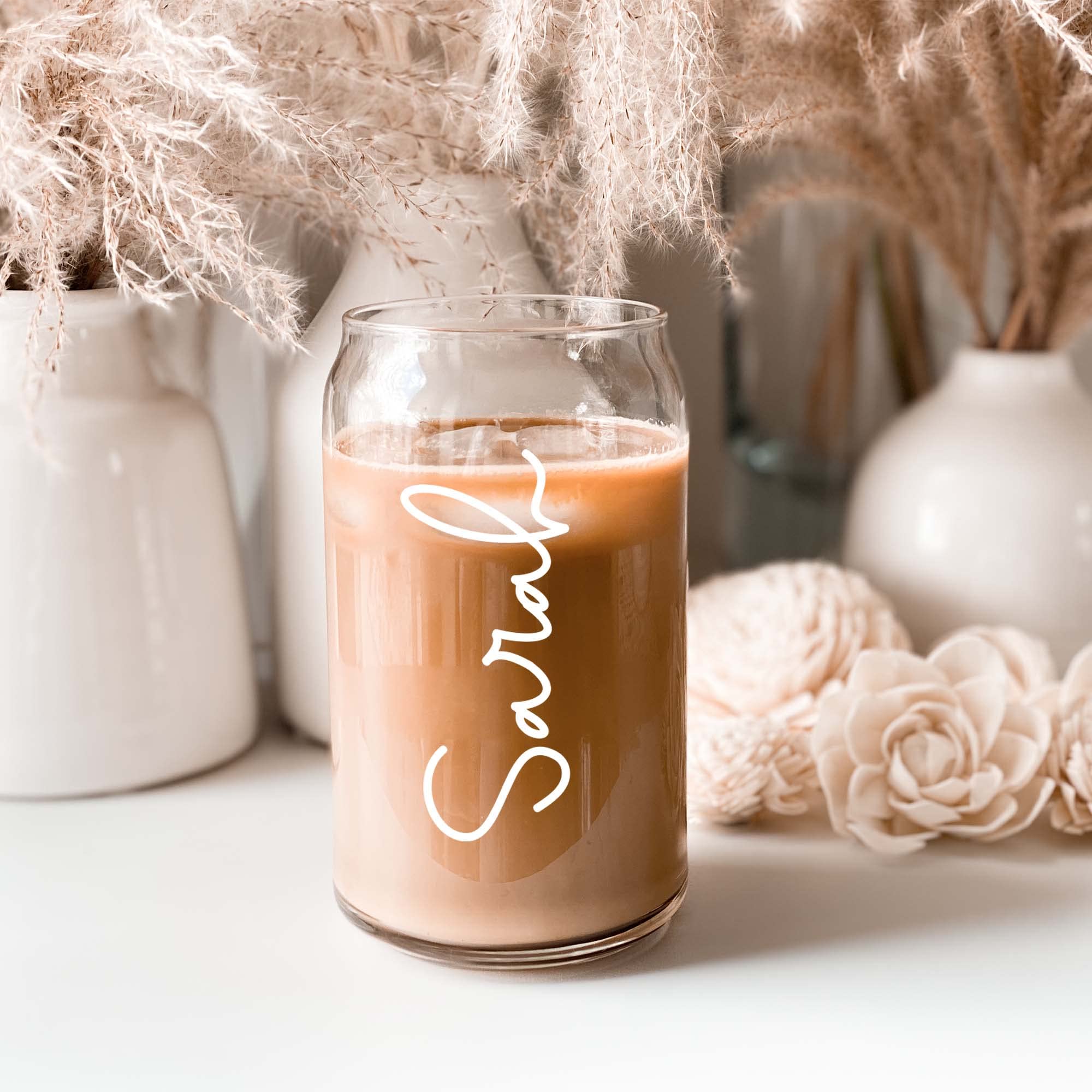 Personalized Iced Coffee Glass with Bamboo Lid & Plastic Straw, 16 oz Can Shaped Coffee Cup, Custom Holiday Gift Idea for Women Friends & Coffee Lover