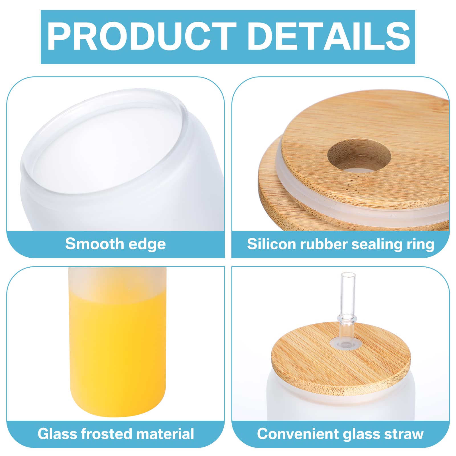 Sieral 16 oz Sublimation Glass Blanks, Beer Can Tumbler with Bamboo Lids and Glass Straws, Sublimation Jars Water Tumbler Cups for Coffee Juices Cocktail Wine DIY Gifts (20 Pieces)