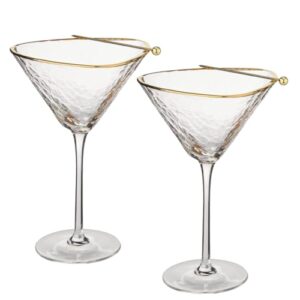 sister.ly drinkware handmade hammered martini glasses with gold rim - gold rimmed martini glasses set of 2 and 2 gold-plated cocktail picks, unique martini glass. perfect for cocktails.