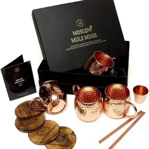 Moscow Mule Copper Mugs Set - 4 Authentic Handcrafted Copper Mugs (16 oz.) with 2 oz. Shot Glass, 4 Straws, 4 Solid Wood Coasters and Recipe Book - Gift Box Included