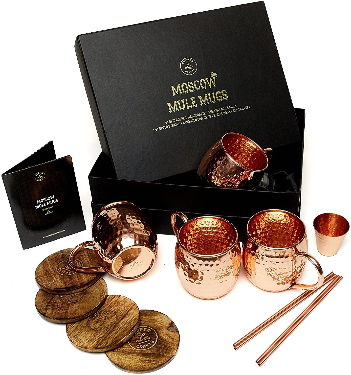 Moscow Mule Copper Mugs Set - 4 Authentic Handcrafted Copper Mugs (16 oz.) with 2 oz. Shot Glass, 4 Straws, 4 Solid Wood Coasters and Recipe Book - Gift Box Included