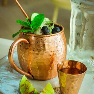 Moscow Mule Copper Mugs Set - 4 Authentic Handcrafted Copper Mugs (16 oz.) with 2 oz. Shot Glass, 4 Straws, 4 Solid Wood Coasters and Recipe Book - Gift Box Included