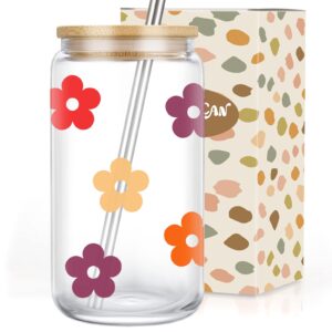 coolife retro daisy glass cup - 16 oz drinking glass cups w/bamboo lids straws, iced coffee cup, cute glass tumbler for coffee smoothie beer, unique mothers day birthday gifts for women her