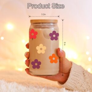 Coolife Retro Daisy Glass Cup - 16 oz Drinking Glass Cups w/Bamboo Lids Straws, Iced Coffee Cup, Cute Glass Tumbler for Coffee Smoothie Beer, Unique Mothers Day Birthday Gifts for Women Her