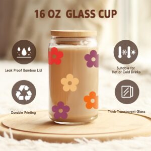 Coolife Retro Daisy Glass Cup - 16 oz Drinking Glass Cups w/Bamboo Lids Straws, Iced Coffee Cup, Cute Glass Tumbler for Coffee Smoothie Beer, Unique Mothers Day Birthday Gifts for Women Her