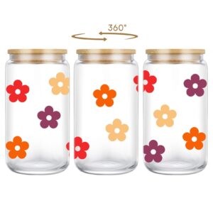 Coolife Retro Daisy Glass Cup - 16 oz Drinking Glass Cups w/Bamboo Lids Straws, Iced Coffee Cup, Cute Glass Tumbler for Coffee Smoothie Beer, Unique Mothers Day Birthday Gifts for Women Her