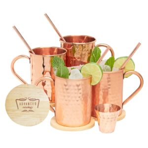 advanced mixology [gift set] moscow mule mugs - 100% pure copper mugs, 16 ounce set of 4 stylish designed mugs with 4 artisan hand crafted wooden coasters