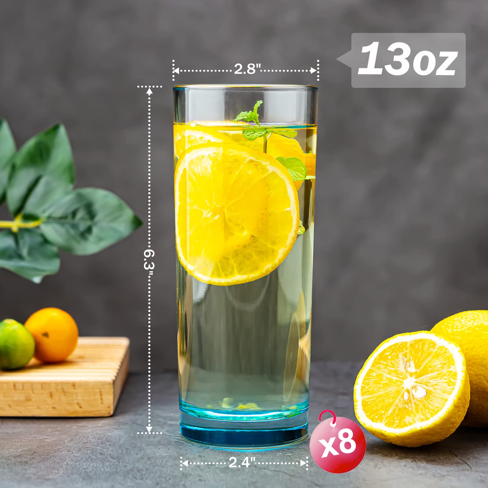 13oz Highball Glasses, Glodarea 8Pcs Tall Glass Sets, Lead-Free Crystal Glass Drinking Glasses, Water Glasses, Mojito Glass Cups, Tom Collins Bar Glassware, and Mixed Drink Cocktail Glass Set