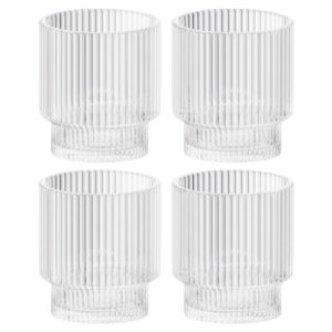 american atelier vintage art deco fluted drinking glasses | ribbed glassware for cocktail, gin, whiskey, & more | modern glassware | lowball fluted cocktail glasses | set of 4 | 9 oz (clear)