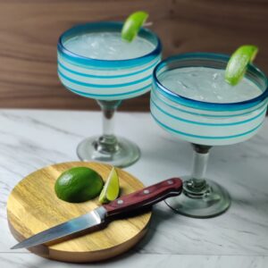 Mexican Hand Blown Glass – Set of 4 Hand Blown Margarita Glasses (16 oz) with Aqua Spiral Design