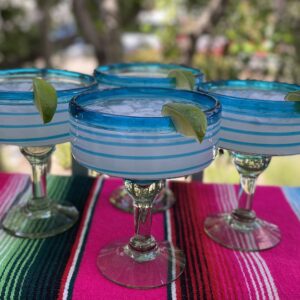 Mexican Hand Blown Glass – Set of 4 Hand Blown Margarita Glasses (16 oz) with Aqua Spiral Design