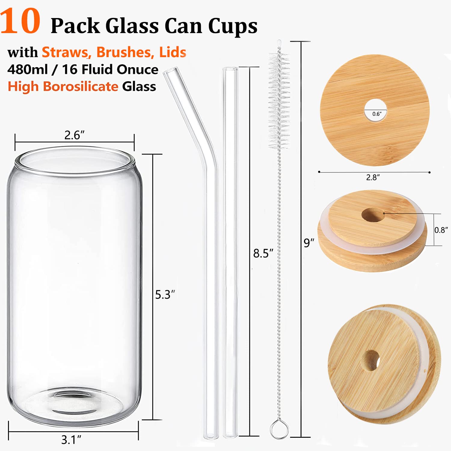 Haundry 10 pack Beer Glass Cups with Bamboo Lids and Straws, 16oz Can Glasses Drinking Glasses Set of 10, Glass Tumbler Cups for Iced Coffee, Beer, Soda, Tea, Smoothies