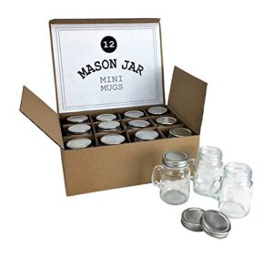 mini mason jar 4 ounce mugs (not full size) - set of 12 miniature glasses with handles and leak-proof lids - great for gifts, drinks, favors, candles and crafts