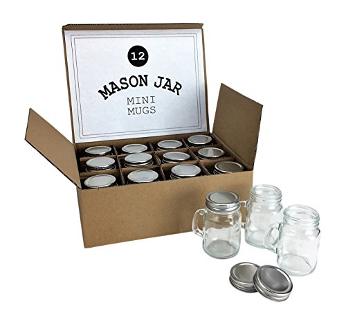 Mini Mason Jar 4 Ounce Mugs (Not Full Size) - Set of 12 Miniature Glasses With Handles And Leak-Proof Lids - Great For Gifts, Drinks, Favors, Candles And Crafts