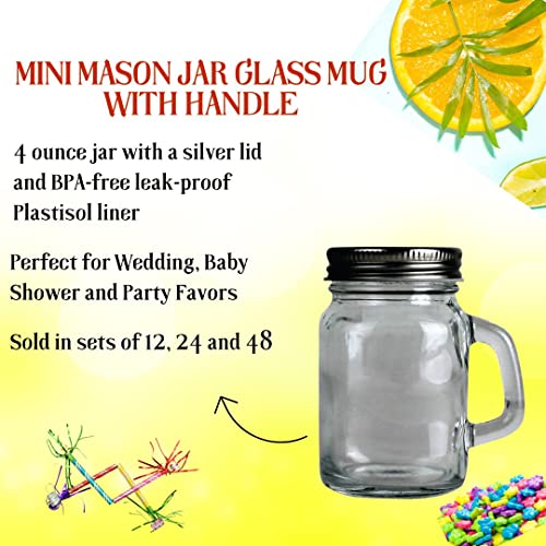 Mini Mason Jar 4 Ounce Mugs (Not Full Size) - Set of 12 Miniature Glasses With Handles And Leak-Proof Lids - Great For Gifts, Drinks, Favors, Candles And Crafts