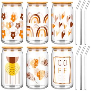 yoiemivy 6 pack glass cups with lids and straws, iced coffee tumbler with straw boho pattern drinking glasses16 oz beer can-shaped glass for iced coffee cola soda tea juice water