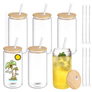 jmscape clear sublimation glass cups blanks with bamboo lid and straw 6pcs set, 16oz sublimation glass tumbler, sublimation beer can glass for iced coffee soda drinks