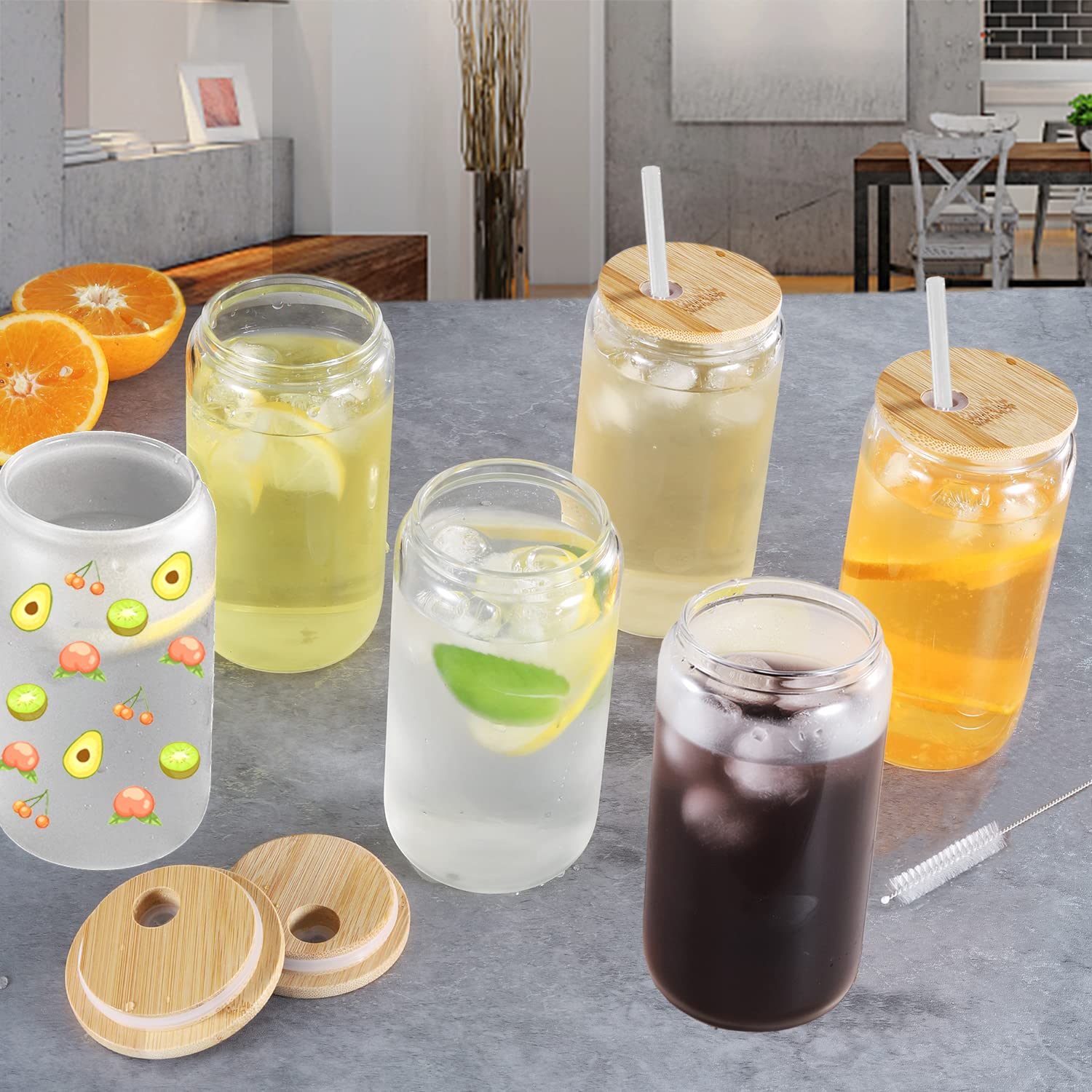 JMScape Clear Sublimation Glass Cups Blanks with Bamboo Lid and Straw 6pcs Set, 16oz Sublimation Glass Tumbler, Sublimation Beer Can Glass for Iced Coffee Soda Drinks