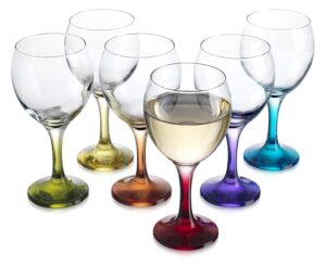 fancy carnival color, stemmed for red or white wine, cocktail, martini, margarita, brandy, scotch- glass drinking cups 10 oz party color set of 6 glasses great for countertop, & wine rack cup holder