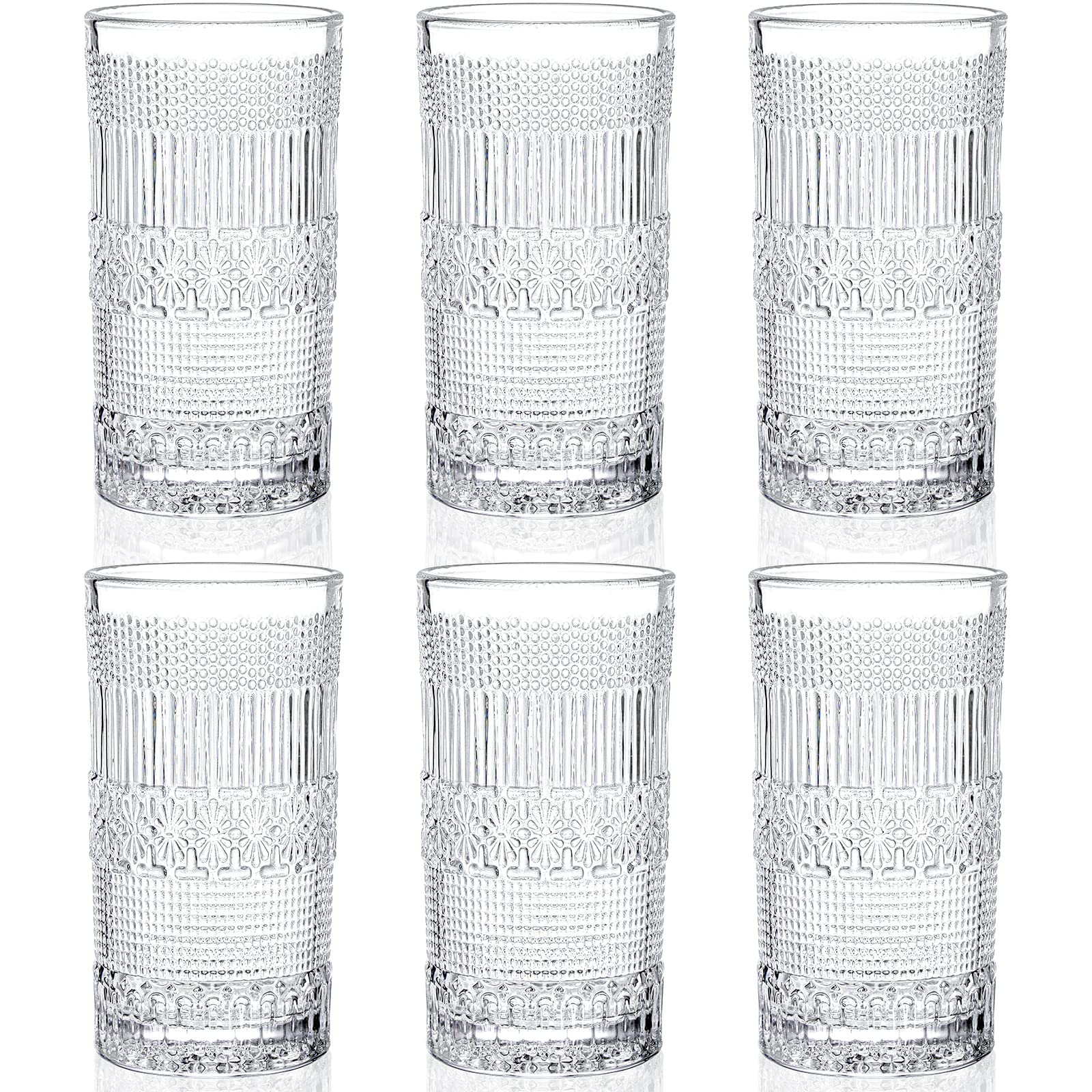 Coloch 6 Pack 13 Oz Romantic Water Glasses, Carved Drinking Glasses Tumbler Heavy Duty Highball Glasses Vintage Glassware Set for Beer, Milk, Beverages, Home, Bar, Restaurant