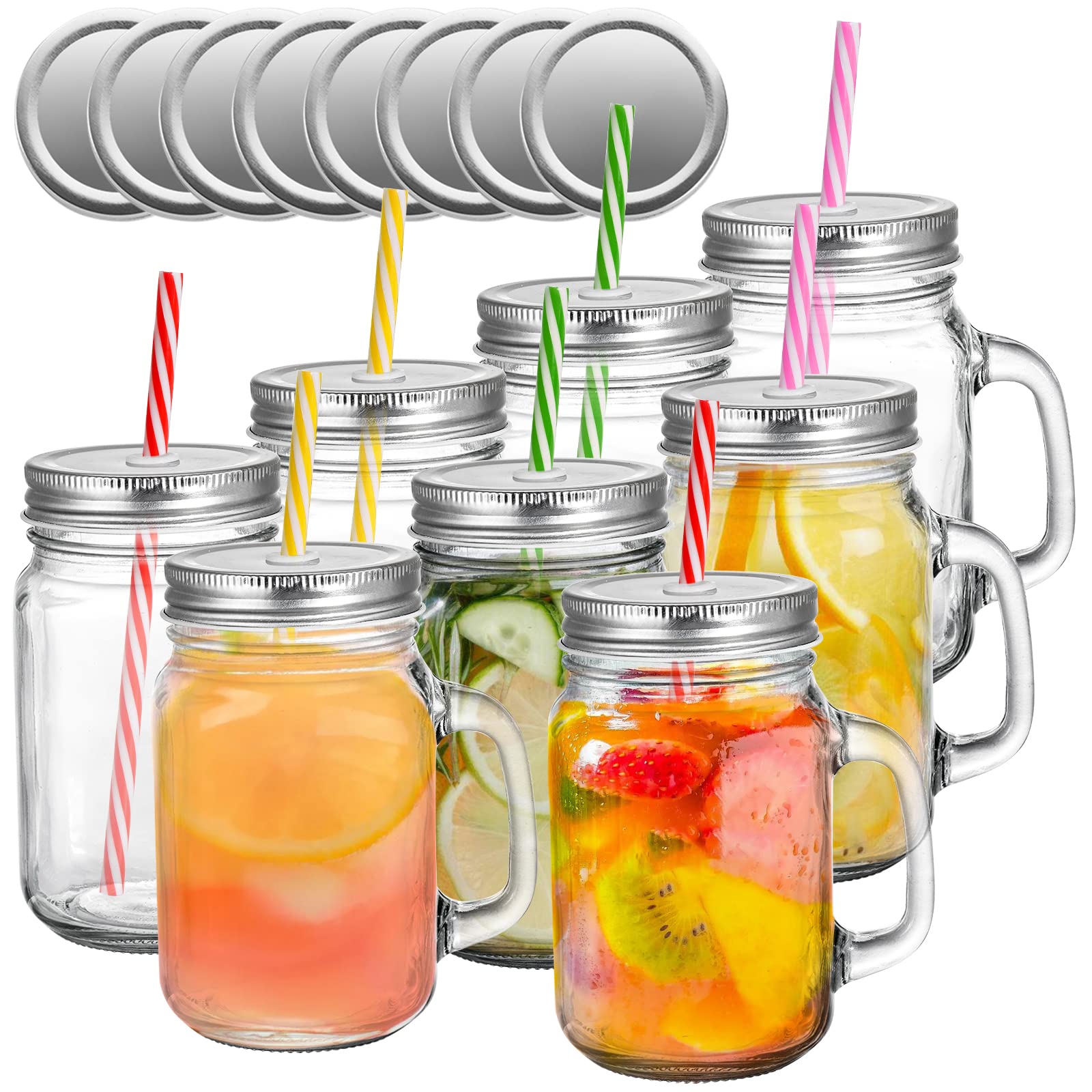 Tosnail 8 Pack 16 oz Glass Mason Jar Mugs with Handle, 16 Tin Lids and 8 Plastic Straws, Old Fashioned Mason Jar Drinking Glasses, Clear Glass Cups for Party and Daily Use