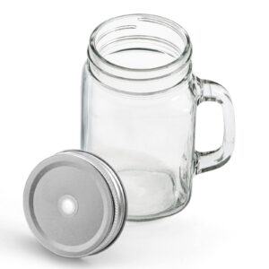 Tosnail 8 Pack 16 oz Glass Mason Jar Mugs with Handle, 16 Tin Lids and 8 Plastic Straws, Old Fashioned Mason Jar Drinking Glasses, Clear Glass Cups for Party and Daily Use