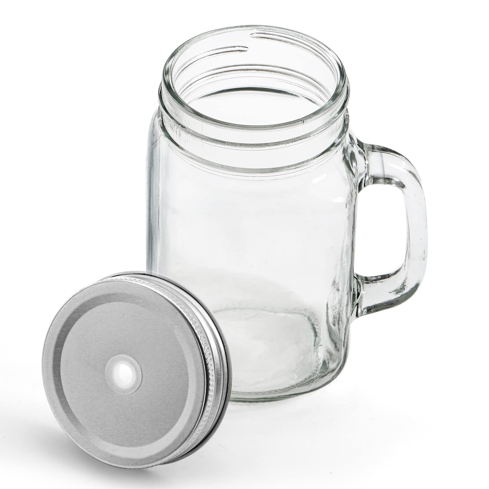 Tosnail 8 Pack 16 oz Glass Mason Jar Mugs with Handle, 16 Tin Lids and 8 Plastic Straws, Old Fashioned Mason Jar Drinking Glasses, Clear Glass Cups for Party and Daily Use