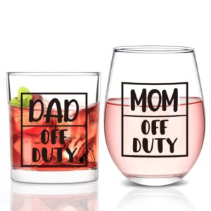 modwnfy new parents gifts for couples, mom & dad off duty stemless wine glass & whiskey glass, new parents gifts first time parents gifts new mom and dad gifts for mother day father day christmas