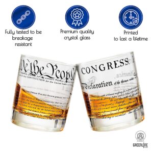 Greenline Goods Whiskey Glasses – United States Constitution + Declaration Glass (Set of 2) - 10 oz Tumblers - American US Patriotic Gift Set - Old Fashioned We The People Cocktail Glasses