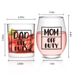 Modwnfy New Parents Gifts for Couples, Mom & Dad Off Duty Stemless Wine Glass & Whiskey Glass, New Parents Gifts First Time Parents Gifts New Mom and Dad Gifts for Mother Day Father Day Christmas